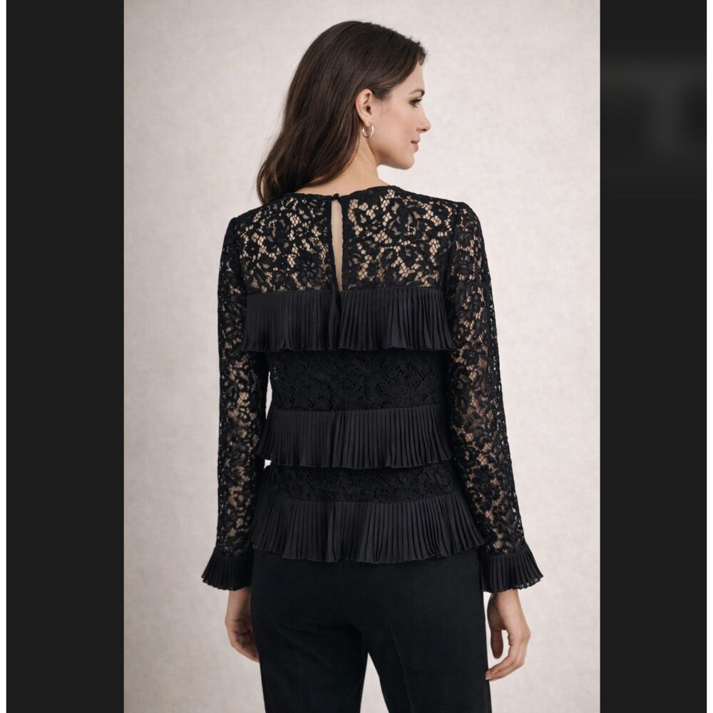 J Crew Black Lace Ruffle Top 4 Sheer Sleeve Floral Pleated Tiered Blouse Keyhole - Picture 7 of 10